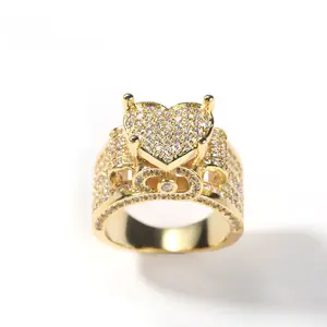 Full Diamond Heart Ring Hip-Hop Style Micro Pave Zircon Heavy Craft Design Retro Ring Trendy New Jewelry