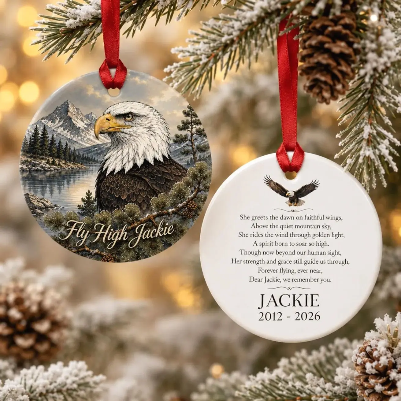 Bald Eagle Memorial Ornament, Personalized Fly High Christmas Keepsake, Custom Remembrance Gift with Name Dates and Memorial Poem