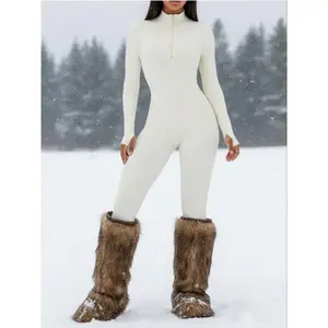 Women's Solid Zip Up Skiing Jumpsuit, Long Sleeve thermal Quick-Dry Jumpsuit for Skiing Cycling, Ladies Sportswear for Fall & Winter, Yoga Gym Workout Wear, 3D Structural Seam Design, Sportswear Jumpsuits, Quick Drying Jumpsuit, Stretchable Activewear