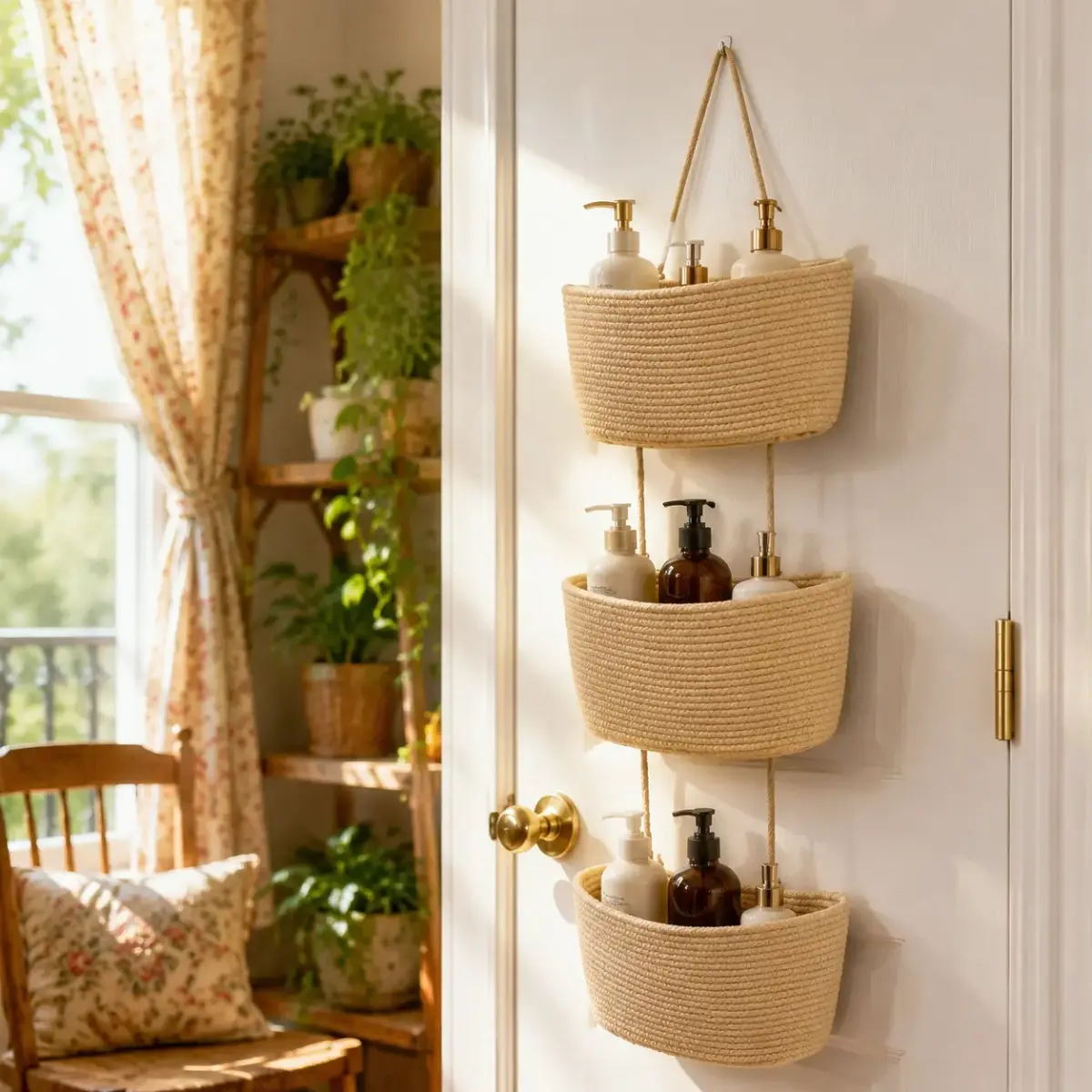 Woven Cotton Storage Basket (11in)- 3-Tier Hanging Organizer for Bathroom & Kitchen, Natural Fiber Design, Space-Saving Solution for Essentials