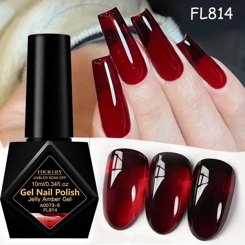 FOURLILY Jelly Amber Gel Nail Polish FL814, 10ML UV LED Curable, UV Light Gel Soak Off Gel Nail Polish - Translucent Deep Red Jelly Gel Varnish, Salon Quality, Long Lasting, Daily Manicure, Nail Art, for Manicure Pedicure DIY Beginners & Professionals