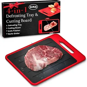 4-in-1 Defrosting Tray for Frozen Meat with Cutting Board, Knife Sharpener & Garlic Grater - Self Thawing Tray & Non-Slip Red Chopping Boards by EliKai