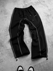 Menswear Men's Black Loose-Fitting Straight Pants - Visible Embroidery, Elastic Drawstring Waist, Contrasting Striped Piping, Side Letter Embroidery, Drapey Feel, Suitable for Streetwear, Everyday Casual Athletic Wear