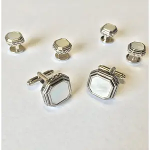 White Octagon Mother of Pearl with Antique Silver Edge Studs and Cufflinks Set