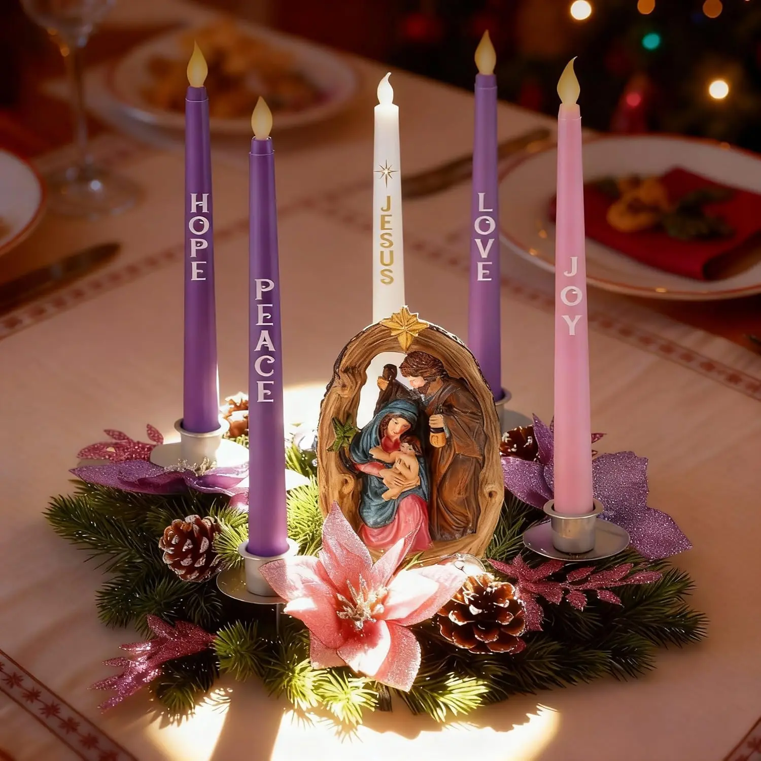 Christmas Advent Wreath Candle Holder, Purple Pink Advent Wreath w/Nativity Scene Figurine & 5 Flameless Taper Candles, for Holiday Table Centerpiece Decorations(Manger Style)