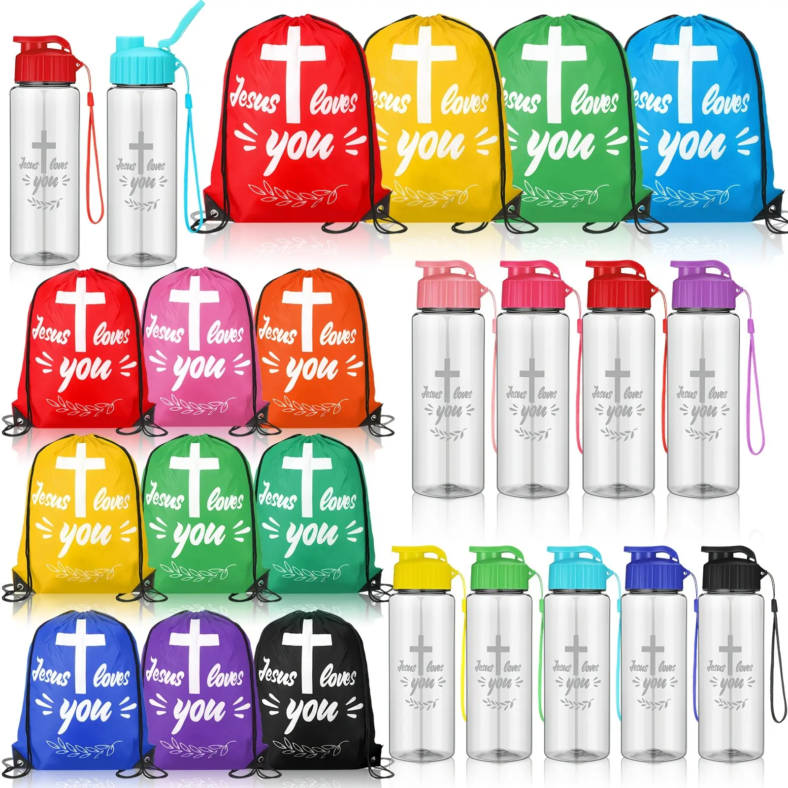 Bulk Set of 20 Christian-Themed Party Gifts, Featuring 10 Drawstring Backpacks with ' Loves You' And 10 Sport Bottles with Bible Verses, Perfect for Church Events