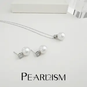 PEARLISM Dainty Edison Pearl Jewelry Set | 10-11mm Pendant + 9-10mm Earrings Silver-Toned Crystal Gift for Her-PSAFES007