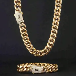 Men 18K Gold Plated Stainless Steel Cuban Chain Necklace Bracelet Hip Hop Miami Curb Cuban Link With Spring CZ Clasp