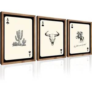 flangairy 3 Piece Western Wall Art Framed, 15.7"x11.8" Wooden Cowgirl Longhorn Bull Skull Cactus Wall Decor, Playing Card Themed Southwestern Rustic Farmhouse Decorations for Home Bedroom Living Room
