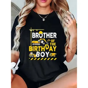 Unisex Black T-Shirt with Construction Trucks (Excavator, Crane, Dump Truck), Hard Hat & 'Brother of the Birthday Boy' Graphic | Ideal for Birthday Party, Construction-Themed Celebrations, Family Matching Outfits 100% Cotton T-shirt