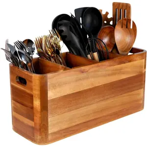 Extra Large Rustic Acacia Wooden 4 Compartment Countertop Kitchen Utensil Holder Organizer for Cooking Utensils and Silverware Storage