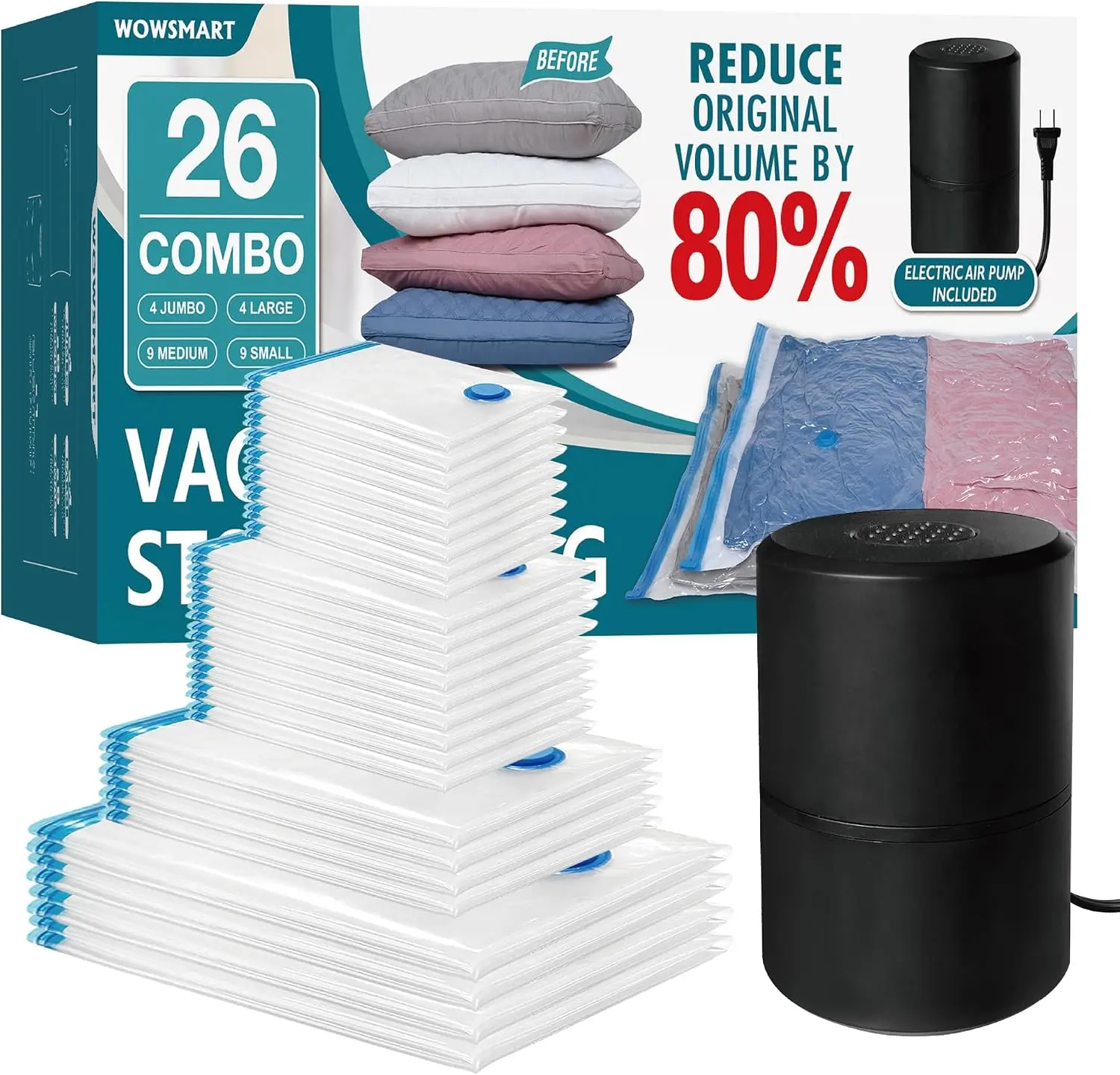 26 Vacuum Storage Bags with Electric Pump, Vacuum Sealed Storage Bags (4Jumbo/4Large/9Medium/9Small), Space Saver Vacuum Seal Bags for Clothing, Comforters, Pillows, Towel, Blanket Storage, Bedding