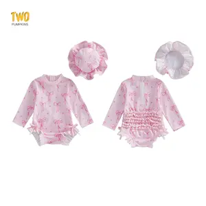 Toddler Baby Girl  Girls Bow Print Swimsuit With Sun Hat Rash Guard Zipper Ruffle Bathing Suit Infant Swimwear 2pcs