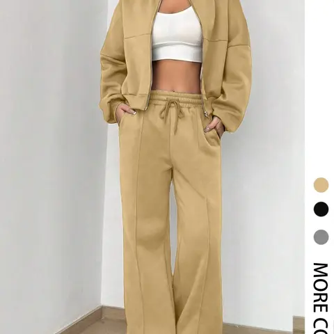 Women's Solid Zip Up Crop Jacket & Adjustable Drawstring Waist Pants Two-piece Set, Casual Fashion Drop Shoulder Long Sleeve Fitted Top & High Waist Trousers for Daily Outdoor Wear, Women's Clothing Womenswear for Spring & Fall, Casual Chic Set