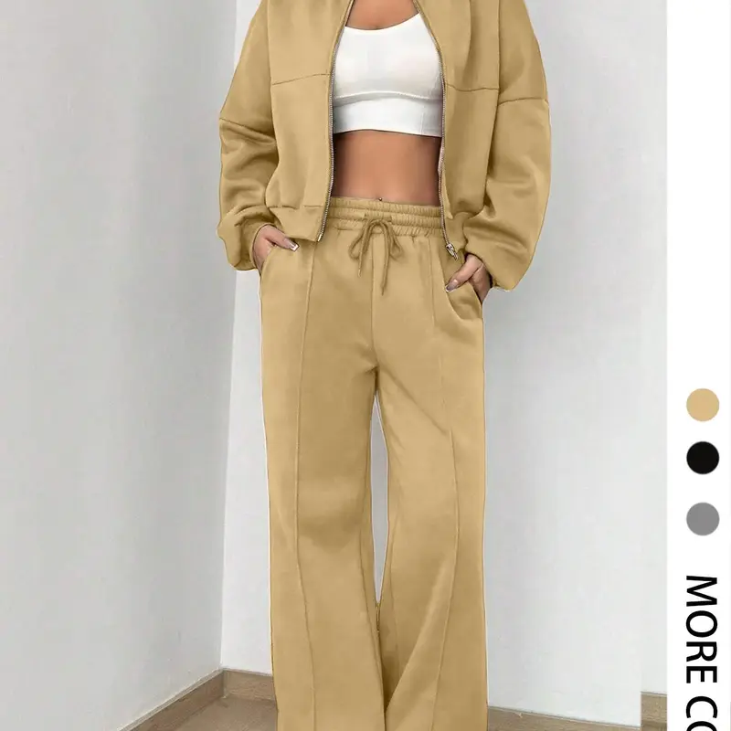 Women's Solid Zip Up Crop Jacket & Adjustable Drawstring Waist Pants Two-piece Set, Casual Fashion Drop Shoulder Long Sleeve Fitted Top & High Waist Trousers for Daily Outdoor Wear, Women's Clothing Womenswear for Spring & Fall, Casual Chic Set
