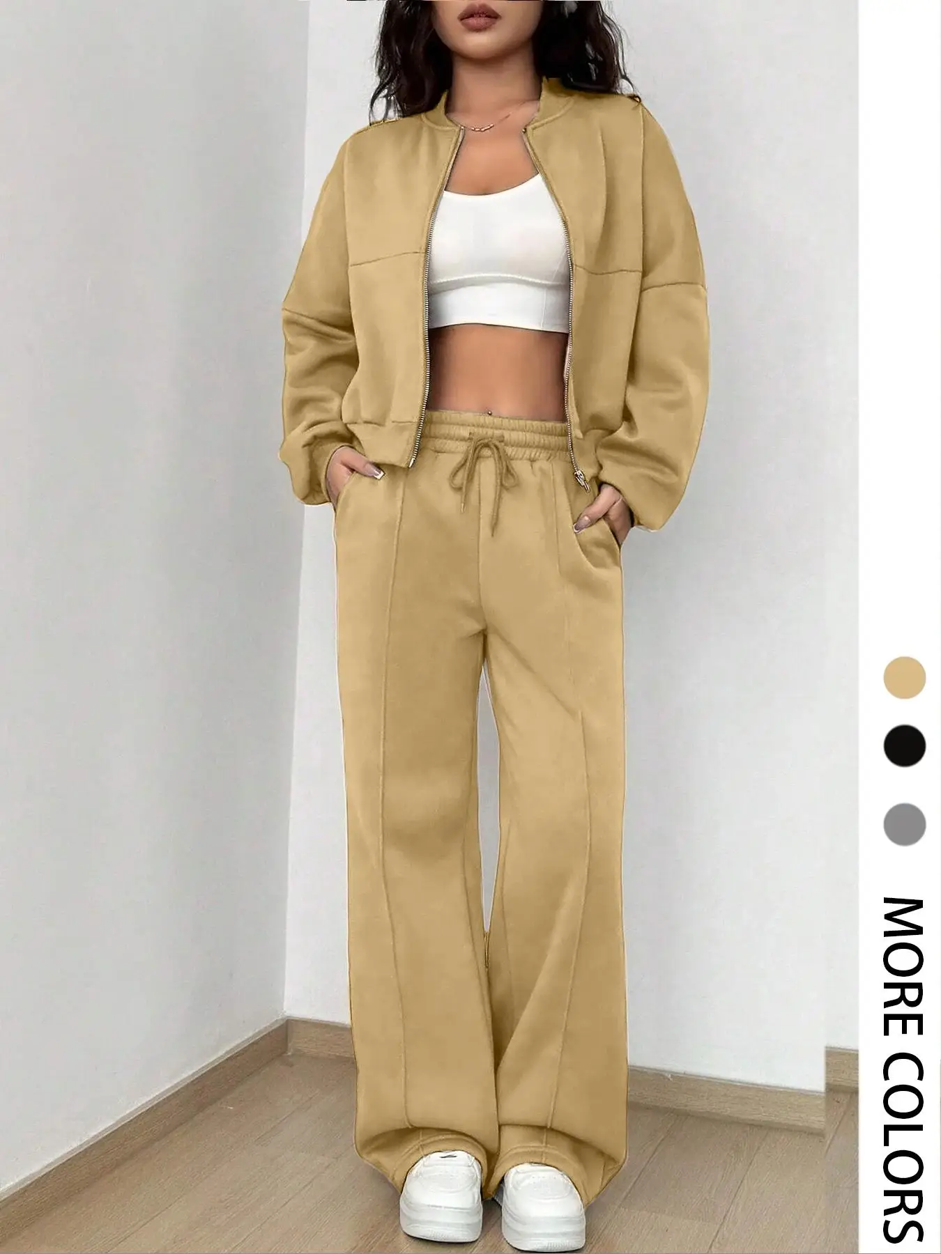 Women's Solid Zip Up Crop Jacket & Drawstring Waist Pants Two-piece Set, Casual Fashion Drop Shoulder Long Sleeve Top & High Waist Trousers for Daily
