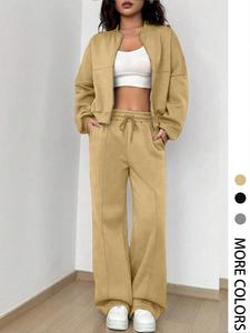 women's solid zip up crop jacket & drawstring waist pants two-piece set, casual fashion drop shoulder long sleeve top & high waist trousers for daily outdoor wear, women's clothing for spring & fall