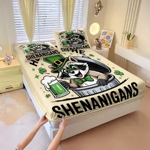 Clover Raccoon printed fitted sheet set, Includes 1 Fitted Sheet & 2 Pillowcases without Filler, Vibrant and fresh, smooth and fitted, comfortable and stress-relieving, good for all-season sleep.