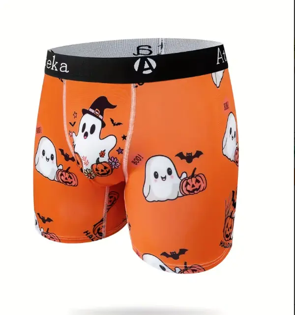 Men'S Breathable Mid-Rise Boxers with Halloween Street Style Pumpkin Cartoon Letters