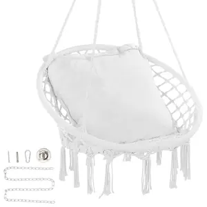 Summervibes VEVOR Hanging Hammock Swing Chair, 330 lbs Capacity, Macram Hanging Chair with Cushion and Mounting Hardware, Cotton Rope Swing Chair for Bedroom, Balcony, Patio, Garden, White