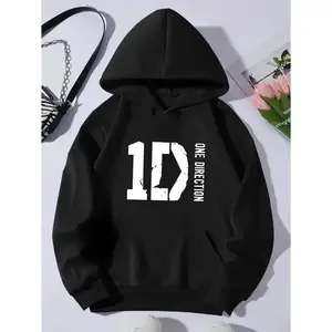 One Direction" Graphic Black Hoodie for Women - Casual Street Style with Long Sleeves, Soft Polyester, Kangaroo Pocket & Drawstring Hood - Machine Washable, Perfect for Fall/Winter, Oversized Hoodie