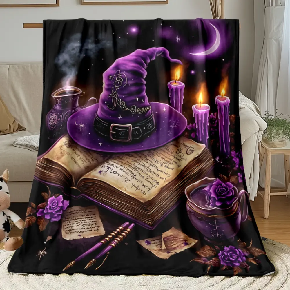 Witchcore Blanket, Purple Witch Blanket with Spell Book Candle Moon Pattern, Gothic Throw Blanket for Bedroom Decor, Dark Aesthetic Cozy Fleece Blanket, Halloween Gift for Witch Lovers