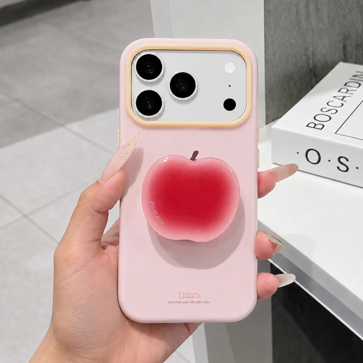 Glossy Solid Color Case For iPhone 17 16 15 14 Pro Max with Pop Socket Stand, Detachable Summer Sweet Aesthetic Fruit Shape Grip Holder,  Soft TPU Shockproof Protective Phone Cover for Girls & Women