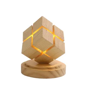 Small Night Light Decorative Creative Four-Stage Rubik's Cube Bedside Table Lamp USB Powered Rubber Wood, Ideal for Bedroom Lighting