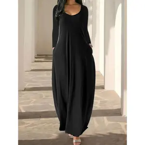 Women's Long Nightgown, Leopard Print in Coffee, Casual Basic Round Neck Long Sleeve Pocket Sleepwear, Soft Comfortable All-Season Loungewear