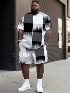 Men's Short Sleeve T-Shirt & Fashionable Shorts Set, Loose-Fitting Geometric Print Pattern, Casual All Seasons Clothing