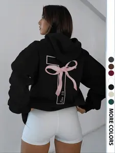 Women's Hooded Sweatshirt with Bowknot and Cross Print, Casual Loose Fit Long Sleeve Pocket Top, Fall Winter Fashion Streetwear, Womenswear