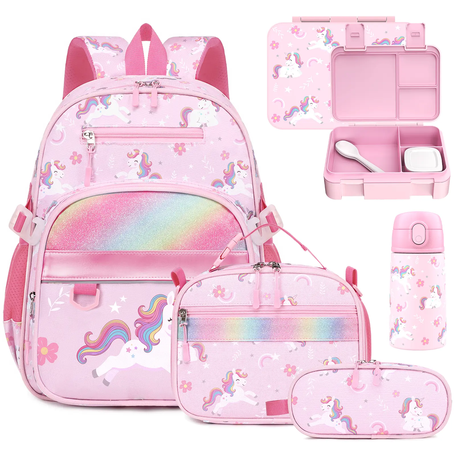 SIMILOVE 5PCS Girls Backpack Set Ages 5-8 with Bento Box & 13oz Insulated Water Bottle, School Backpack for Girls with Lunch Bag Pencil Case - 15inch Kids Bookbag for Kindergarten Elementary School