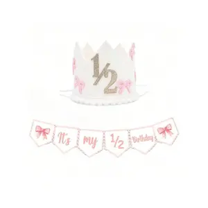 Half Birthday Crown & Banner Set, Pink Bow 6 Months Baby Girl Cake Smash Decor, 1/2 Birthday Photo Prop, Princess Themed Party Supplies