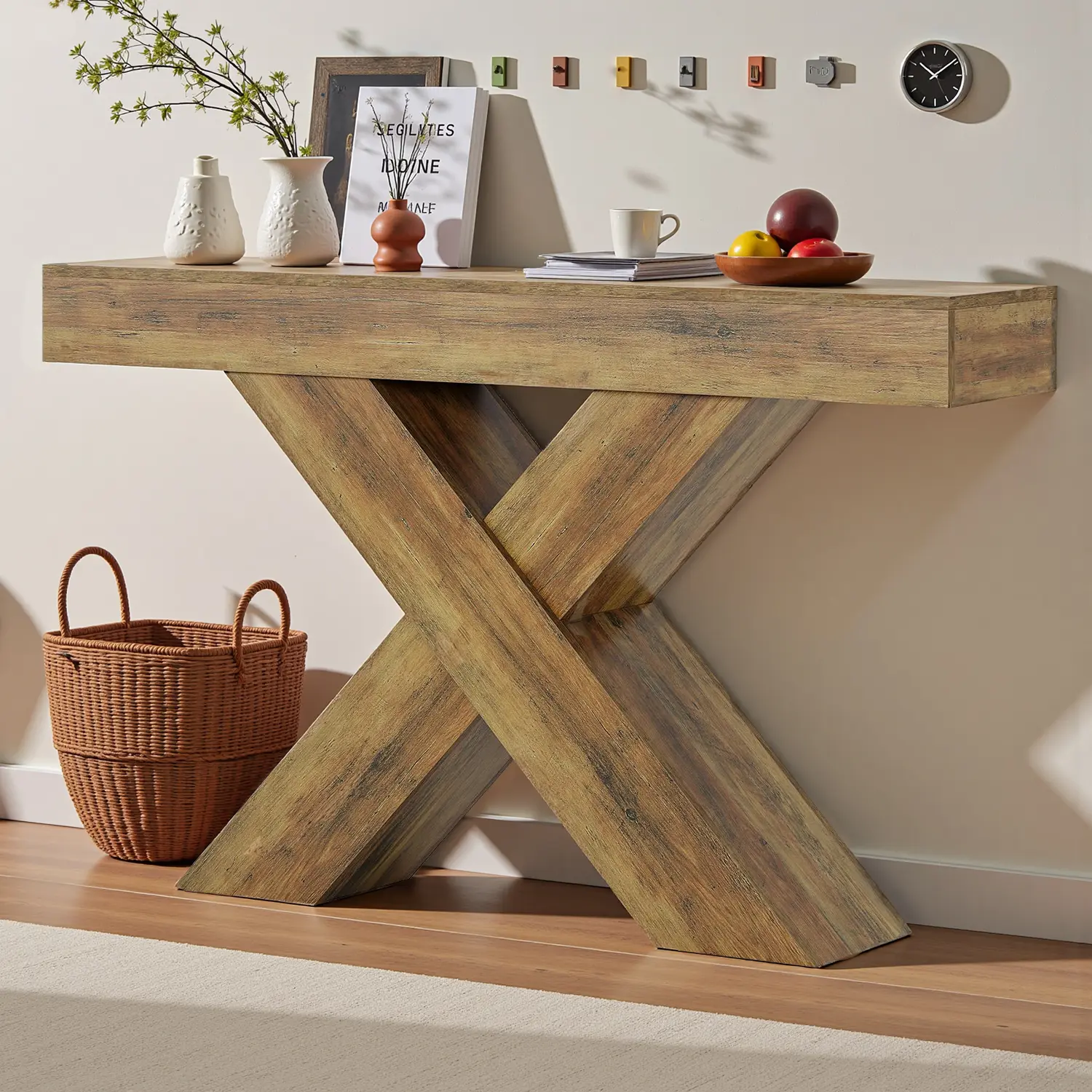 Spaco 55" X-Frame Console Table, Rustic Wooden Sofa Table, Unique Cross-Leg Entryway Table, Vintage Accent Table for Foyer & Living Room