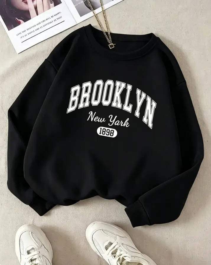 Men's Pure Cotton Brooklyn New York 1898 Retro Street City Print Graphic Letter Fleece Crewneck Pullover Sweatshirt, Daily Holiday Gift