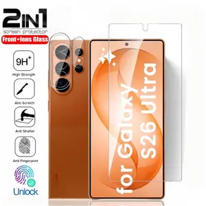 2-In-1 HD Clear Glass Protective Screen Protector Film for Samsung Galaxy S26 Ultra S26+ Plus S26 5g, Full Coverage Back Camera Lens Glass Film, Anti-Scratch Front Tempered Glass Film,Support fingerprint unlocking, Accessories