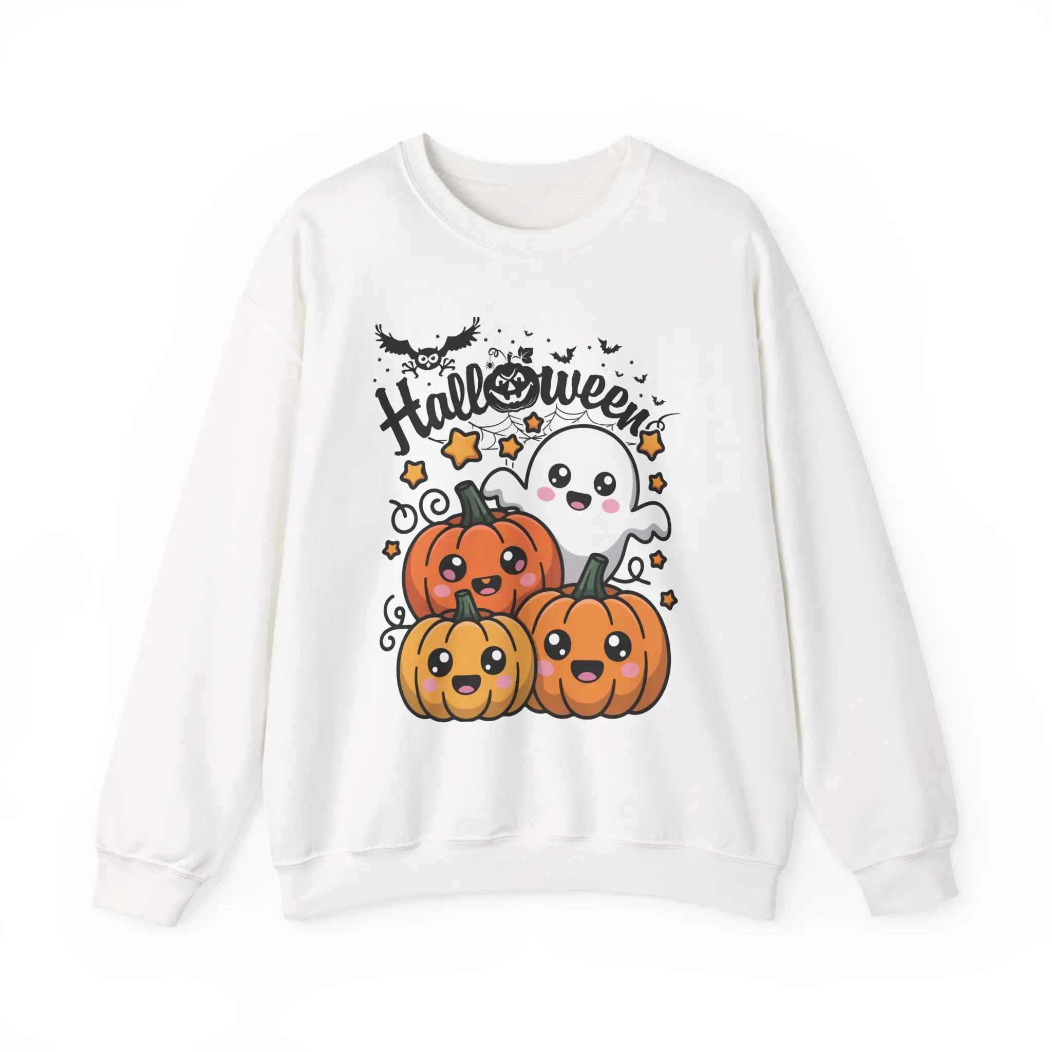 Men's Embroidered Ribbed Knit Round Neck Casual Kawaii Ghost-Pumpkin Halloween Sweatshirt, Cute Spooky Autumn Top, Tops, Comfortable