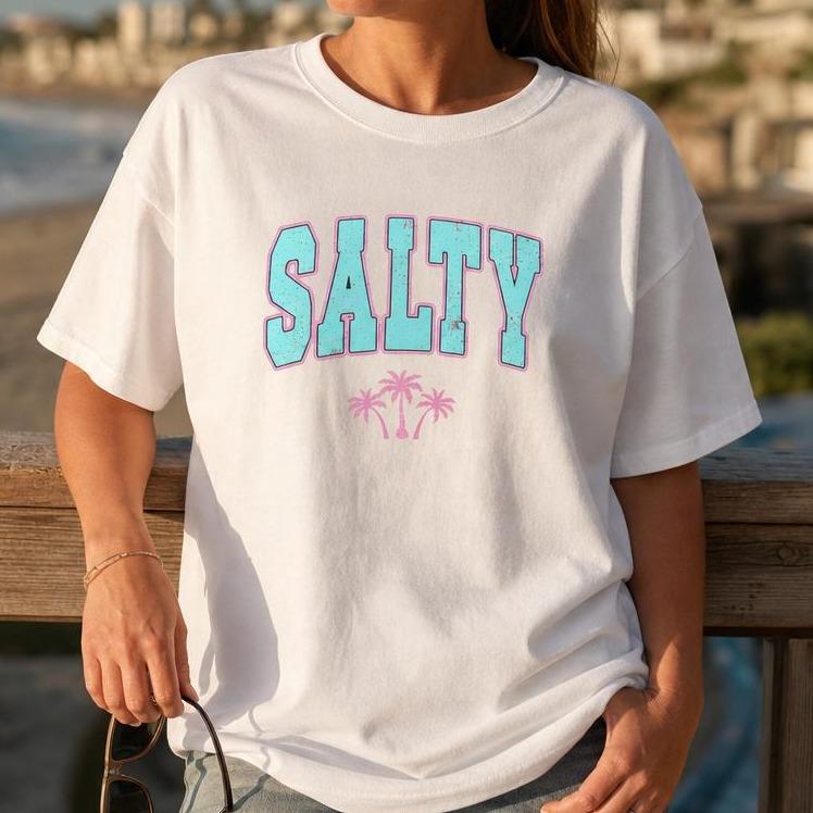 Women's 100% Cotton Retro Salty Palm Tree Graphic Print Short-Sleeve Round Neck Drop Shoulder Lady T-Shirt - Plus Size Summer Beach Casual Streetwear Top