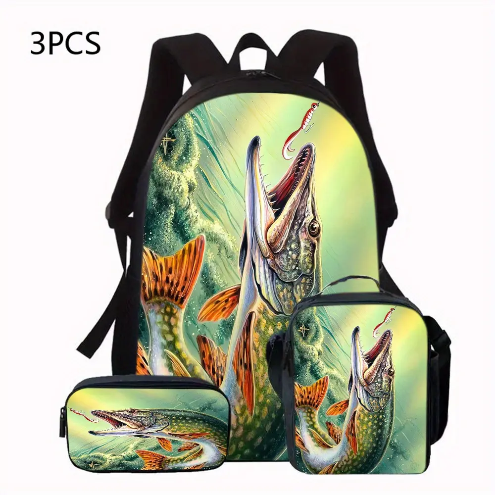 Pike Fish & Lure 3PCS School Backpacks Set for Kids, 600D Oxford with Insulated Lunch Box & Pencil Case, Adjustable Breathable Strap, Fits 15in Laptop for First Day of School, Back To School Haul, Whats In My Bag