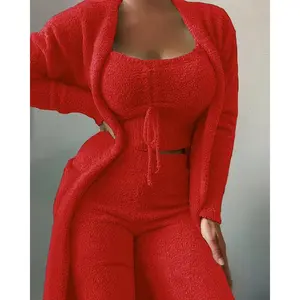 "2024 New Autumn/Winter Women's 3-Piece Velvet Pajama Set: Includes Crop Top, Long Pants, and Coat. Made of warm, soft fleece, perfect for cozy homewear. Available in sizes S-3XL."