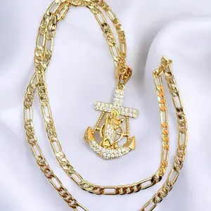 Saint Jude Thaddeus anchor necklace, with a 61cm Figaro chain plated in 18-karat gold with Italian gold plating and a pendant with white crystal pavé.