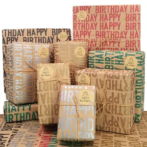 Happy Birthday Wrapping Paper For Boys Men Women Girls,Recycled Gift Wrapping Paper, 20 x 28 inches per sheet (12 sheets: 47 sq. ft. ttl.) Brown Kraft Folded Paper with Jute Strings, Stickers and Bows for Birthday Occasions