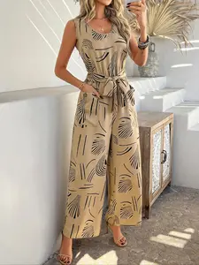 Women's All Over Print Belted Wide Leg Jumpsuit, Casual Sleeveless Keyhole Back Jumpsuit for Summer, Ladies Clothes for Holiday Vacation, Womenswear