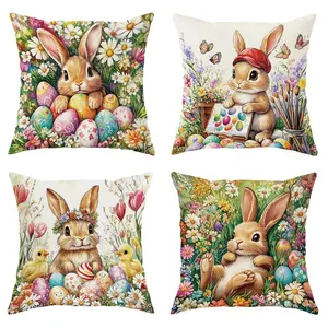 4pcs, Easter Throw Pillow Covers, Bunny Rabbit Easter Egg Floral Tulip Patter Design，Cushion Cover Decoration for Couch Sofa, Room Decor and Bedroom Decor, Suitable for Spring Decoration, Single Sided Printing, No Pillow Core