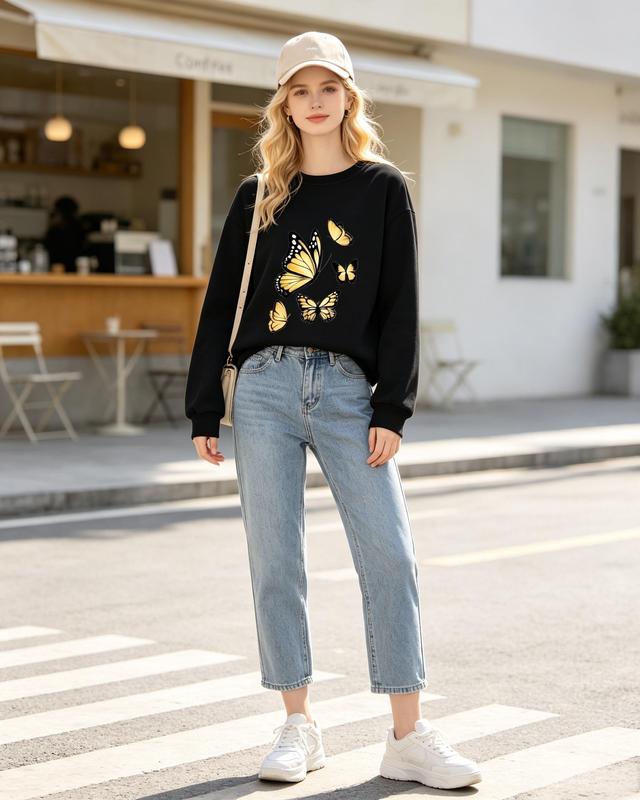 Women's Golden Butterfly Print Crewneck Sweatshirt - Fitted Cut, Medium Length, Casual Fall Pullover Top