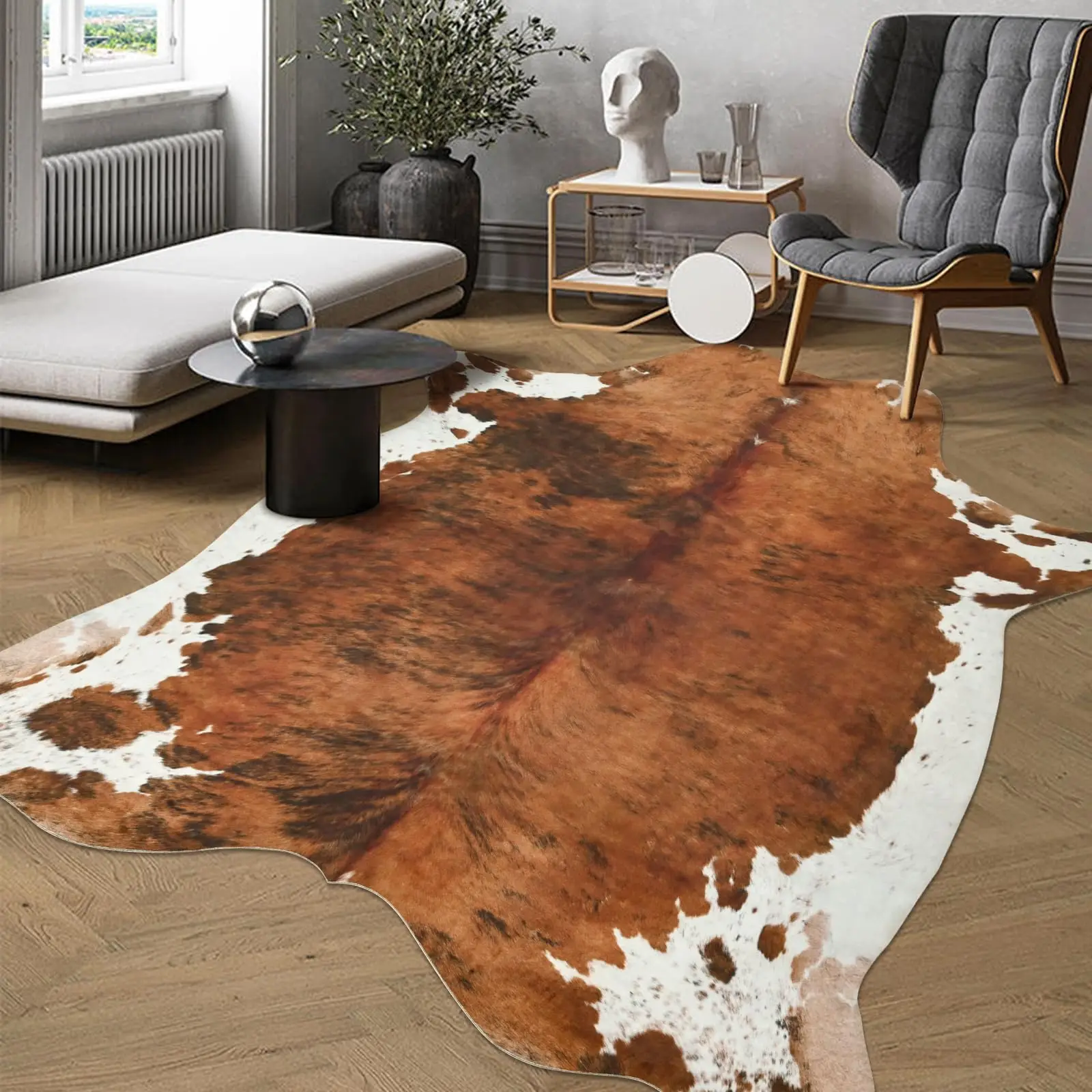YJGWL Premium Faux Cow Hide Rug Cowhide Area Rug, 4.6 x 5.2ft Animal Print Fur Rug Suitable for Bedroom Living Room, Western Decor Carpets for Dining
