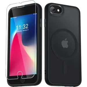 for iPhone SE Case 2022(3rd)/2020(2nd), iPhone 8/7 Case, with 1 Screen Protector, Matte Magnetic Slim Phone Cover, Support for, Shockproof Protection Translucent Frosted Back,Black