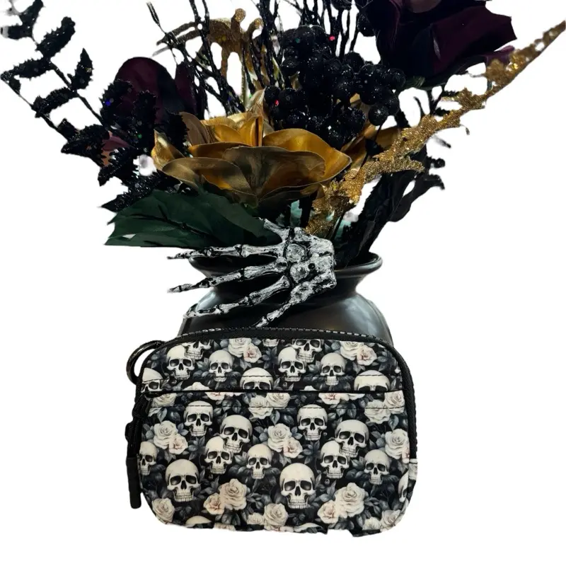 Women's RFID Blocking Wristlet Pouch - White Skulls Halloween Print Casual Zipper Purse, Waterproof Nylon Trendy Minimalist Wallet, Detachable Carabiner Credit Card Holder NO WRISTLET NO WRISTLET