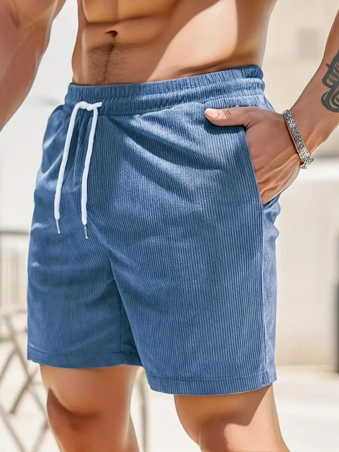 Men's Plain Corduroy Shorts, Modern Fitted Cut with a Ribbed Texture and Drawstring Tie for a Casual, Athletic Basic Look, Activewear, Short Pants, All-Day Comfy, Above The Knee