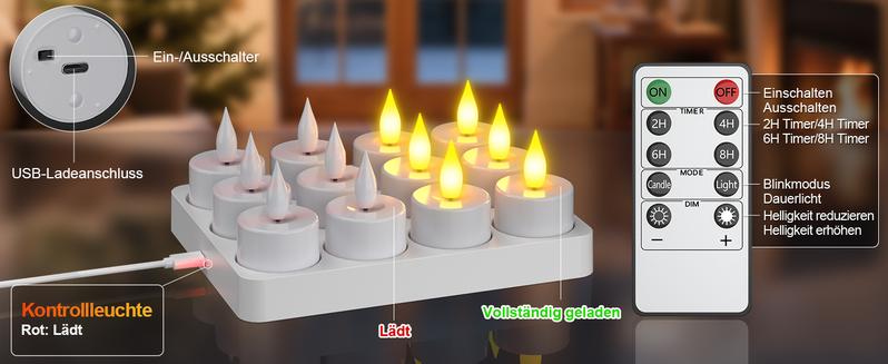 Flameless Candles, 2025 12pcs USB Rechargeable Tea Lights Candles for Christmas Decor with Remote Control for Home Table Wedding Christmas Halloween Decor